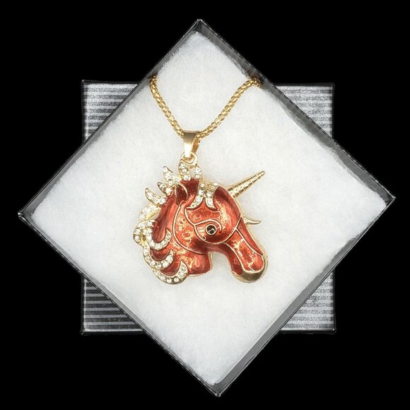 Red Rhinestone Unicorn Pendant Necklace Gift Box – Fantasy Horse Jewelry - Picture 3 of 6
